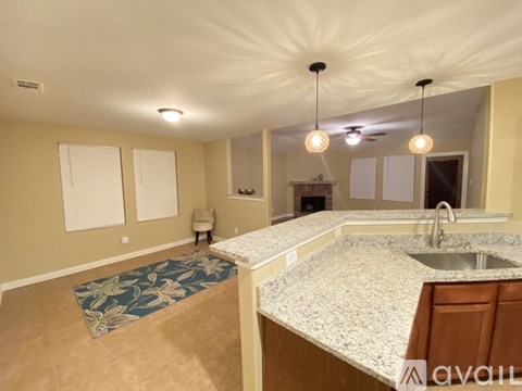 A kitchen with a sink and a rug on the floor.