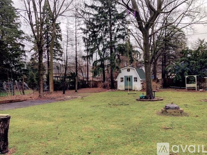 A backyard with a tree, a bench, and a small house.