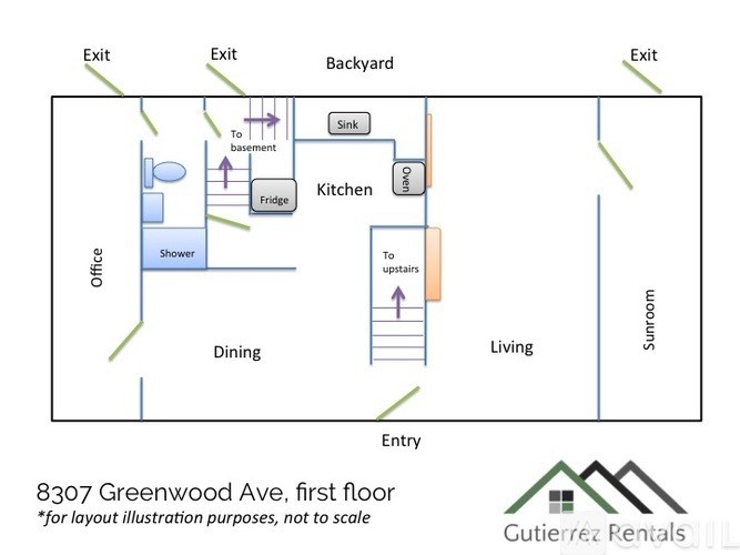 A floor plan for 8307 Greenwood Ave, first floor shows the layout of an office, kitchen, dining and living area.