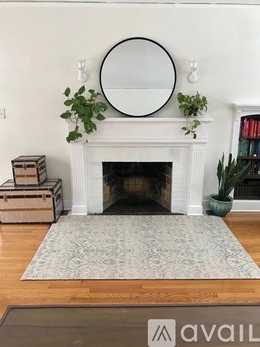 A white fireplace with a mirror above it and a green plant to the side.