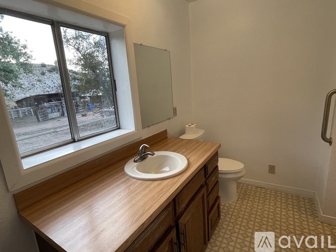 A bathroom with a wooden countertop and a window overlooking a farm.