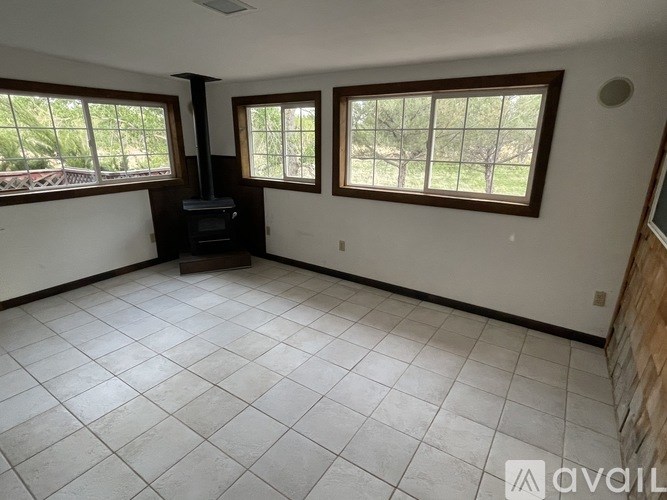 A living room with a wood-burning stove and a flat-screen TV.