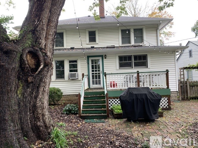 A white house with a green door and a tree in front.