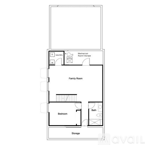 A floor plan of a small apartment with a laundry room, mechanical room, storage, family room, bedroom, and bathroom.