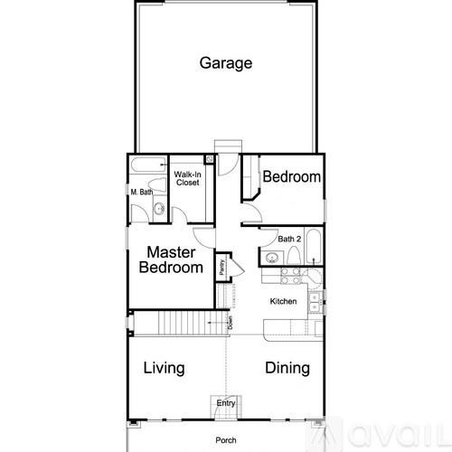 A floor plan of a house with a garage, two bedrooms, a living room, a dining room, a kitchen, and an entry.