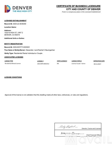 A Certificate of Business Licensure from the City and County of Denver.