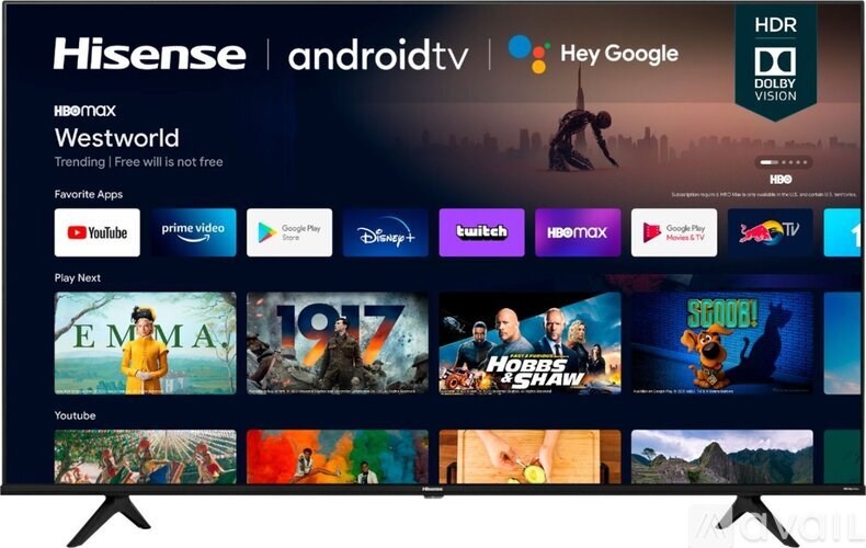 A Hisense TV screen displays various streaming app options.