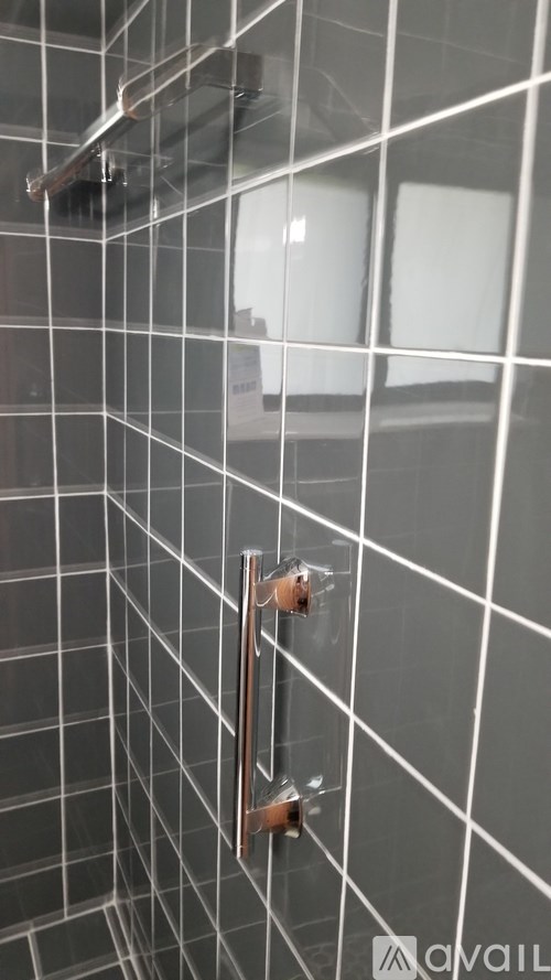 A shower with a glass door and a black tile wall.