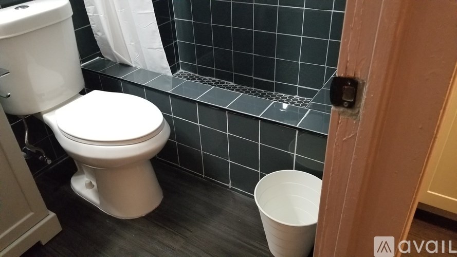 A white toilet is in a bathroom with a black tiled shower area.