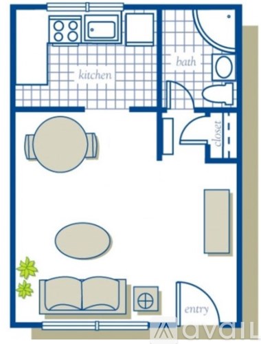 A floor plan of a small apartment with a kitchen, bathroom, and living room.