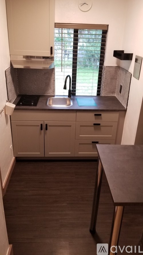A kitchen with a sink and cabinets.