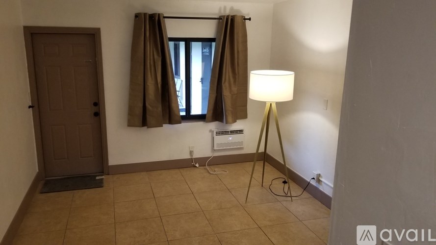 A room with a brown door, a window with brown curtains, and a floor lamp.