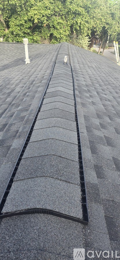 A roof with shingles and a line of vents.