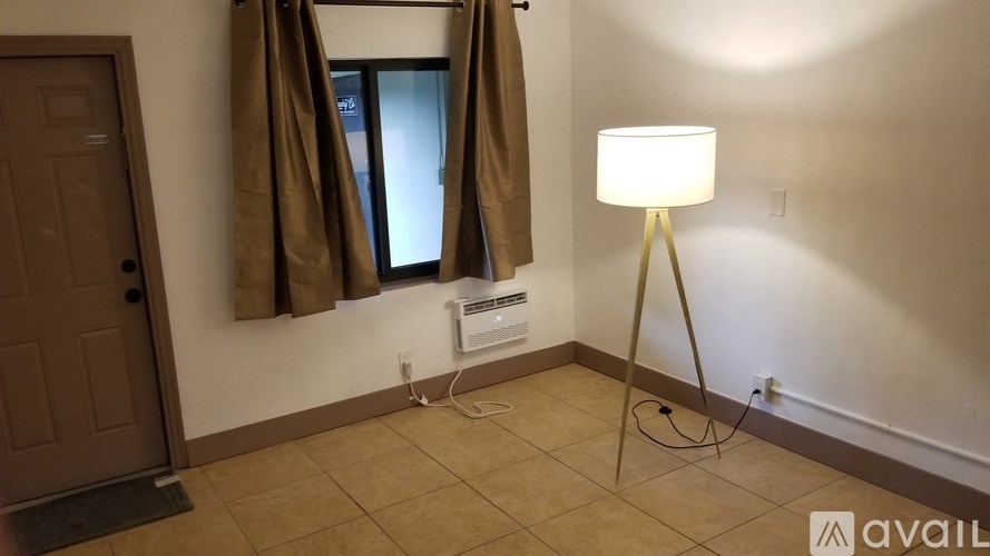 A room with a brown door, a window with brown curtains, and a floor lamp.