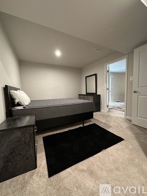 A bedroom with a bed, nightstand, and rug.