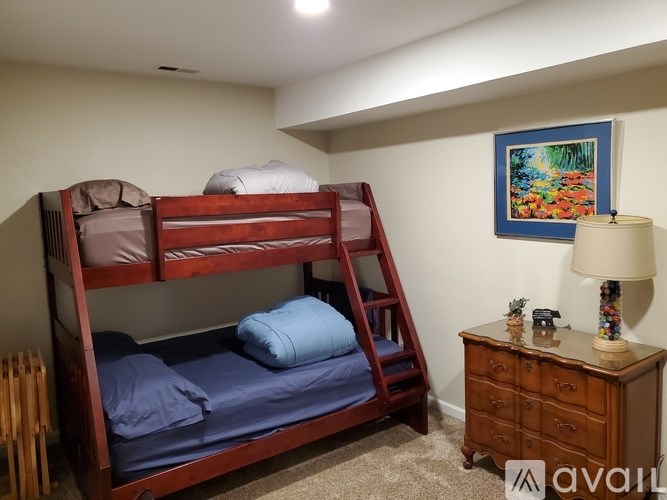 A bedroom with a bunk bed and a dresser.