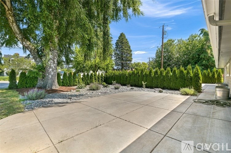 A concrete driveway leads to a house with a landscaped yard.