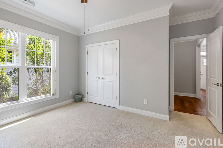 A room with a carpeted floor, two white doors, and a window with a view of trees.