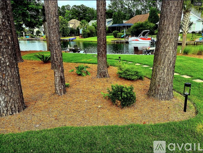A tree-lined yard with a boat in the background.
