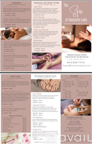 A flyer for a massage and body work center at Hampton Lake.