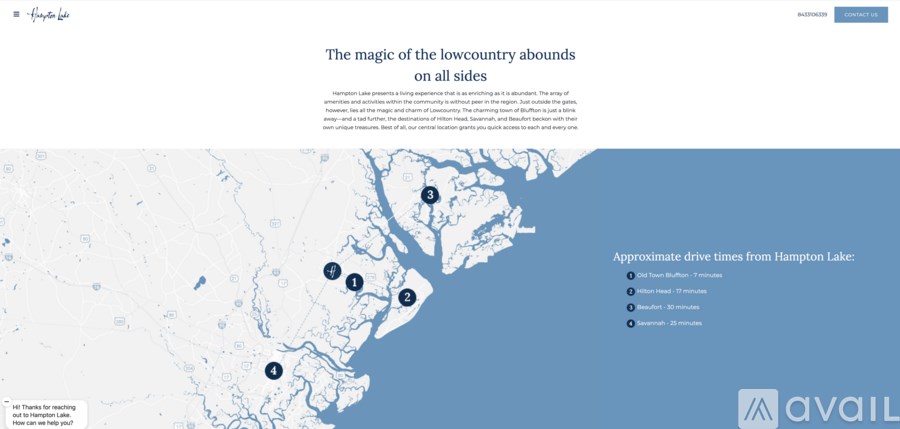 A map showing approximate drive times from Hampton Lake to various locations.