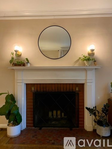 A fireplace with a mirror above it and two potted plants on either side.