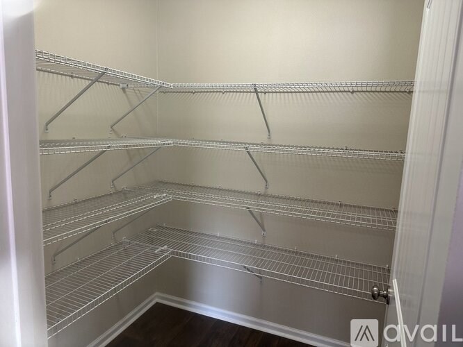 Empty walk-in closet with shelves and a door.