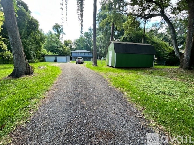 A gravel path leads to a green shed in a grassy area.