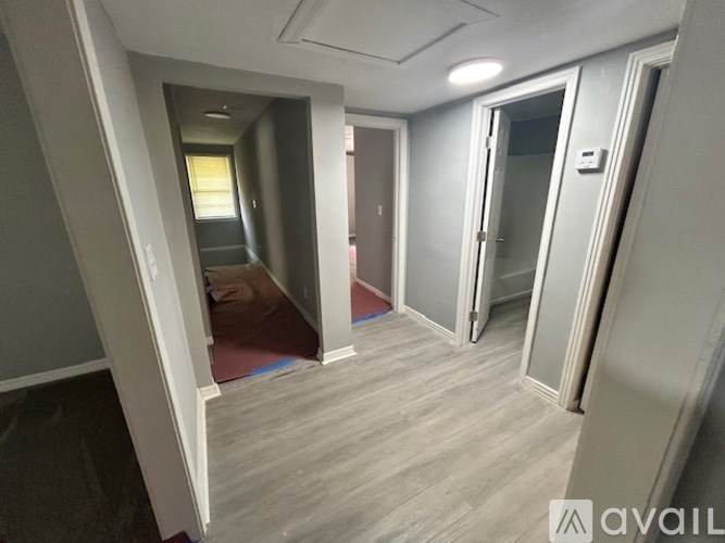 A hallway with a red carpet and wooden flooring.