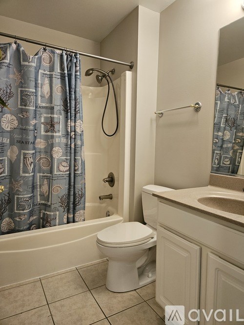 A bathroom with a white toilet and a shower with a blue shower curtain.
