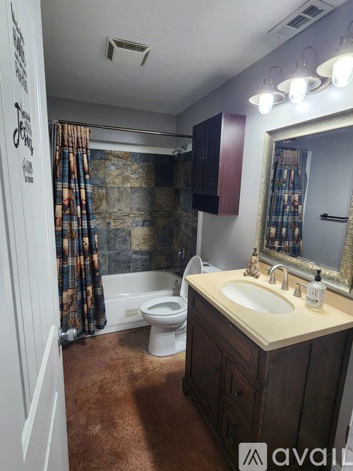 A bathroom with a toilet, sink, and mirror.