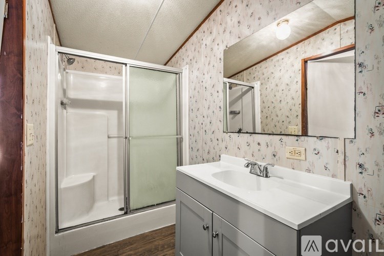 A bathroom with a sink, mirror, and shower.