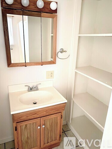 A bathroom with a sink, mirror, and shelves.