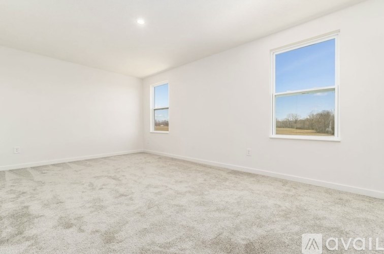 A spacious room with a carpeted floor and two windows.