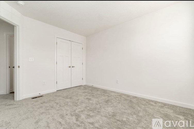 A room with two doors and a carpeted floor.
