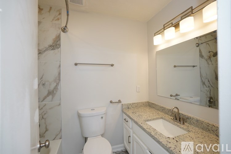 A bathroom with a toilet, sink, and mirror.