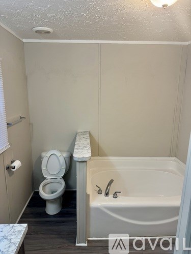 A white toilet sits next to a bathtub in a bathroom.