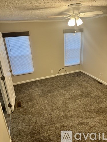 A room with a carpeted floor, a ceiling fan, and two windows with blinds.