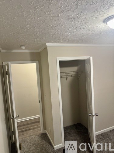 A room with two open doors and a carpeted floor.