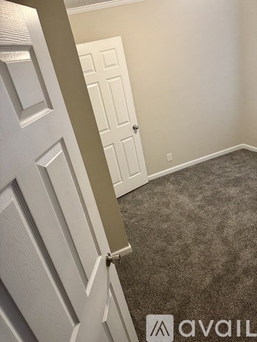 A white door with a grey carpet in front of it.