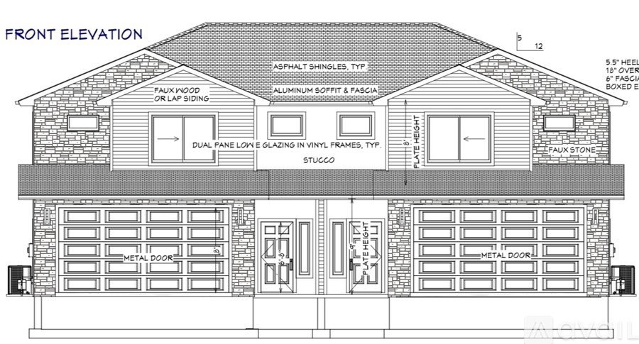 A drawing of a house's front elevation with details such as window and door types.