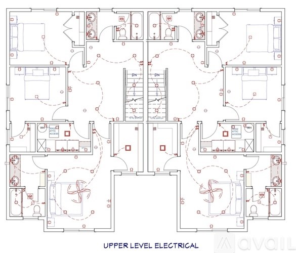A detailed floor plan of a building's upper level electrical layout.