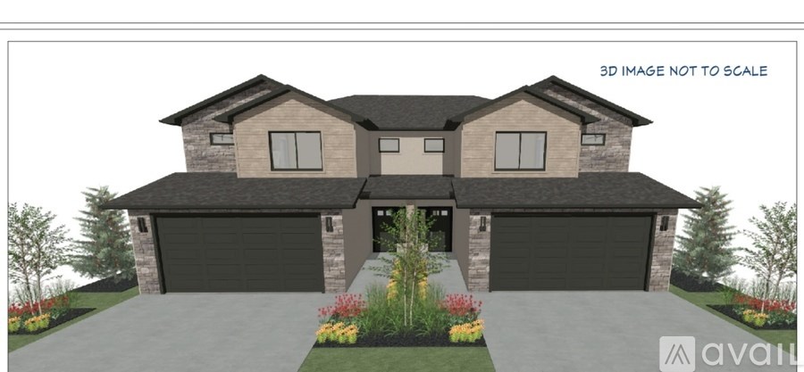 A 3D image of a two-story house with a garage and a front yard with flowers.