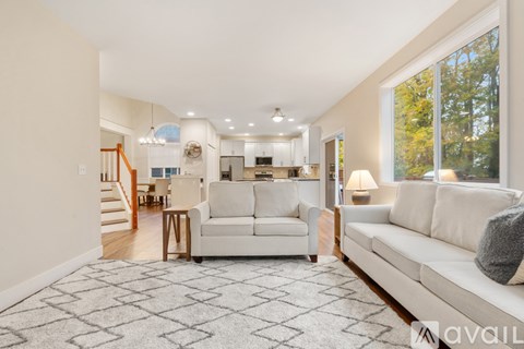 A living room with a white couch and a grey rug.