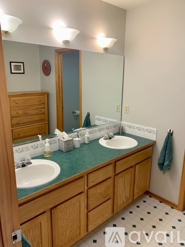 A bathroom with two sinks and a mirror.