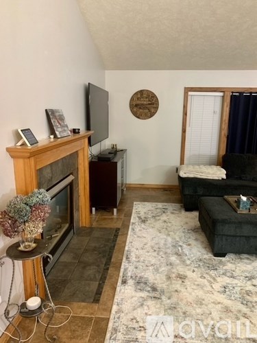 A living room with a fireplace and a TV on the wall.
