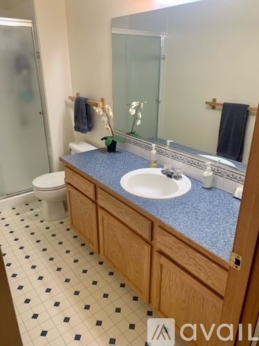 A bathroom with a blue counter top and a sink.