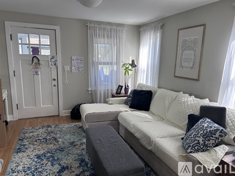 A living room with a white couch and a blue rug.