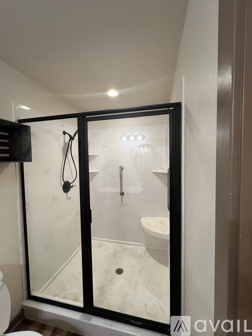 A bathroom with a glass shower door and a toilet.