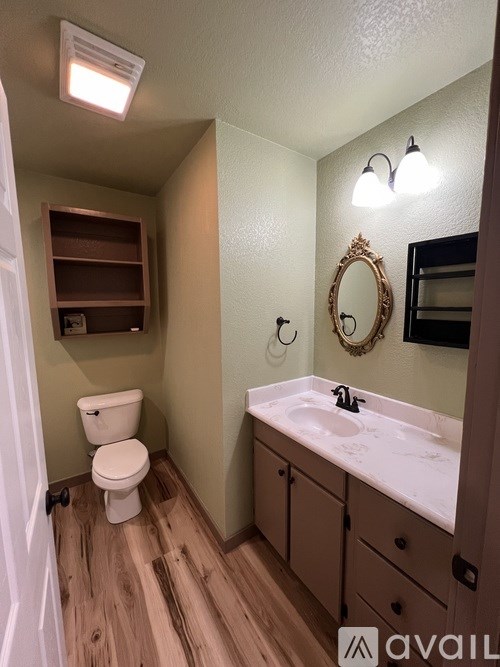 A bathroom with a toilet, sink, and mirror.